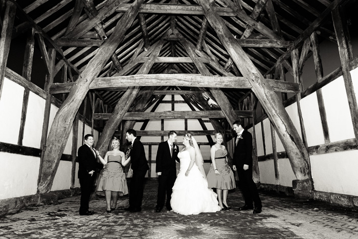 Bridal party in barn at Arley Hall