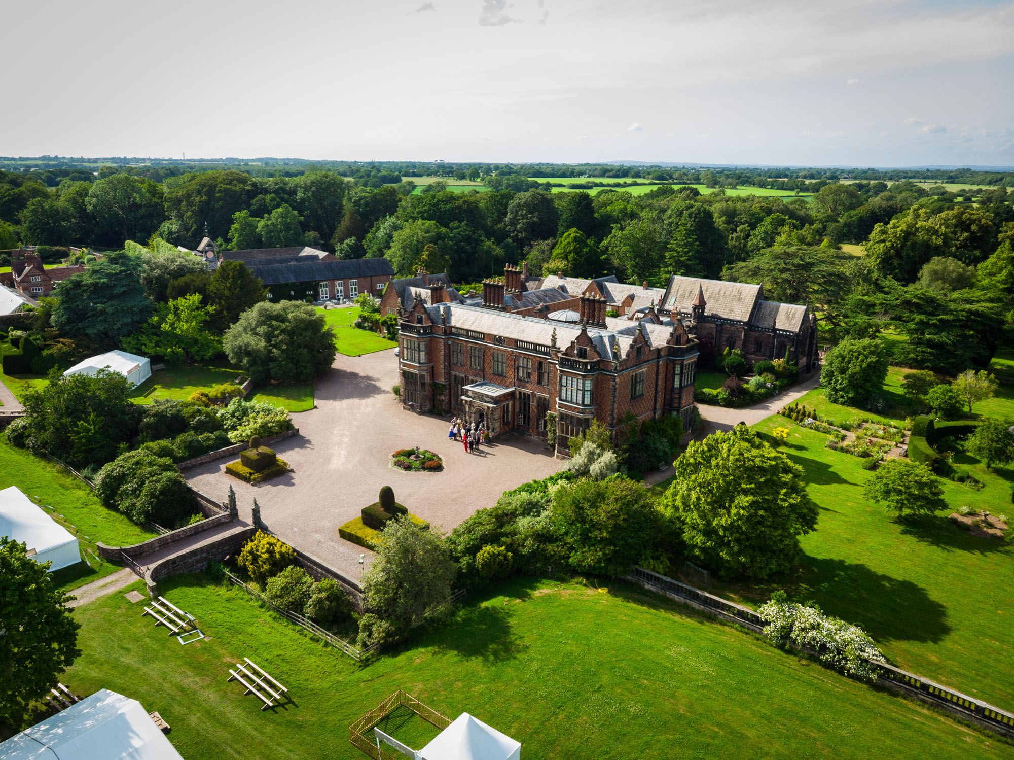 Drone photo of Arley Hall wedding venue and surrounding gardens