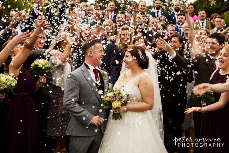 bride and groom confetti throw at hillbark hotel