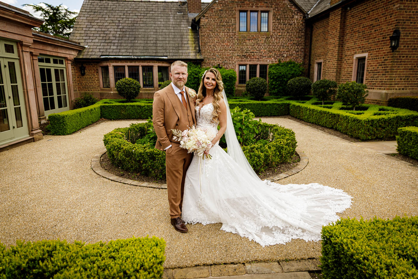 bride and groom portrait in gardens at merrydale